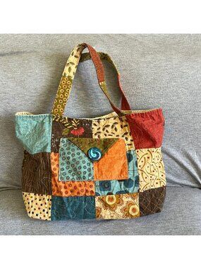 Patchwork Quilted Tote Bag With Floral & Geometric Patterns Handmade Multicolor